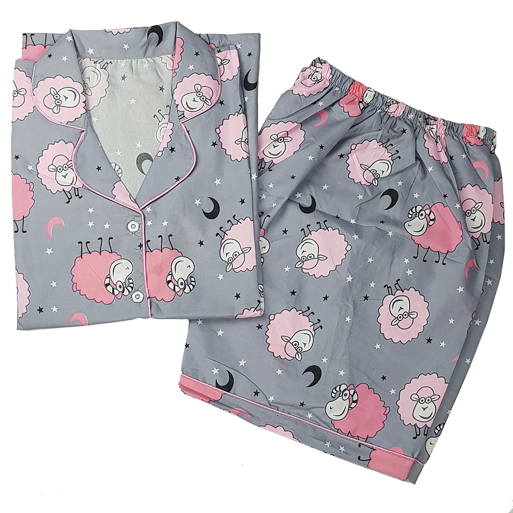 Setelan Piyama Dewasa Celana Pendek Lengan Pendek Hotpant All Size-HPL SHEEP GREY
