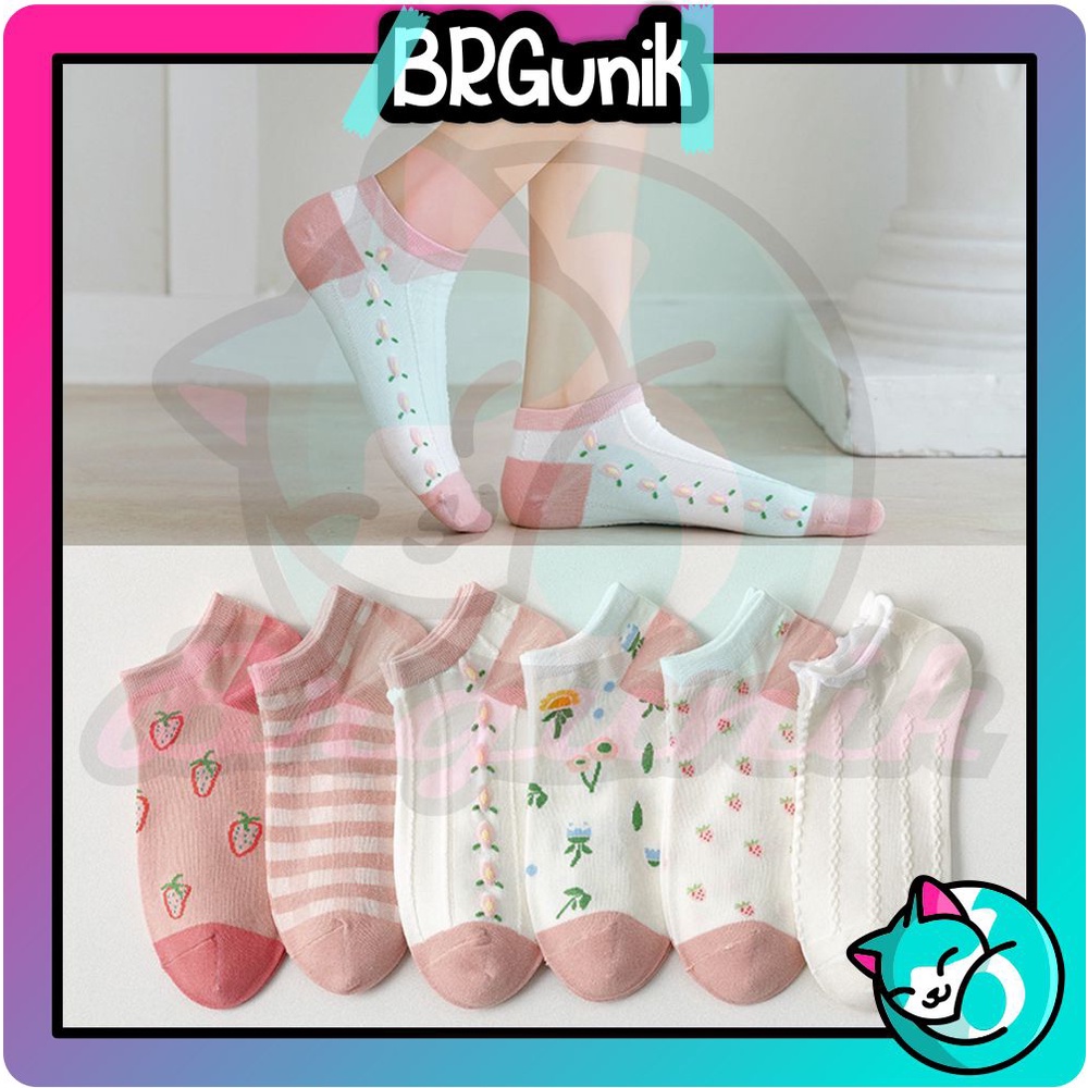 BRGUNIK Kaos Kaki Wanita Fashion Motif Strawberry Bunga Kaoskaki Pendek Korea Sock Import KK001