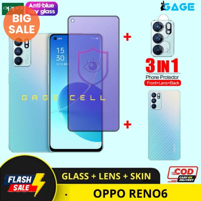 PAKET 3 IN 1 TEMPERED GLASS ANTI RADIASI BLUE LIGHT OPPO RENO 6 RENO6 4G 5G FULL LAYAR SCREEN