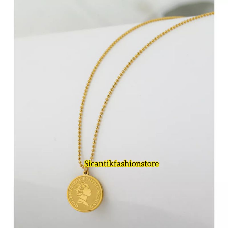 Kalung Titanium Wanita Korea Liontin Koin Gold Anti Karat selamanya Kalung Titanium Biji Lada Gold Plus Liontin Koin Gold Terbaru Terlaris Mewah