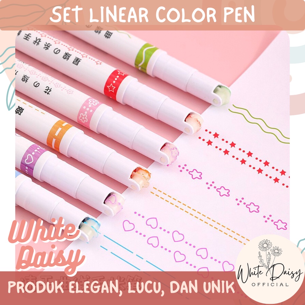 

Set linear color pen premium pena bentuk berbagai motif warna pastel 1 set isi 6