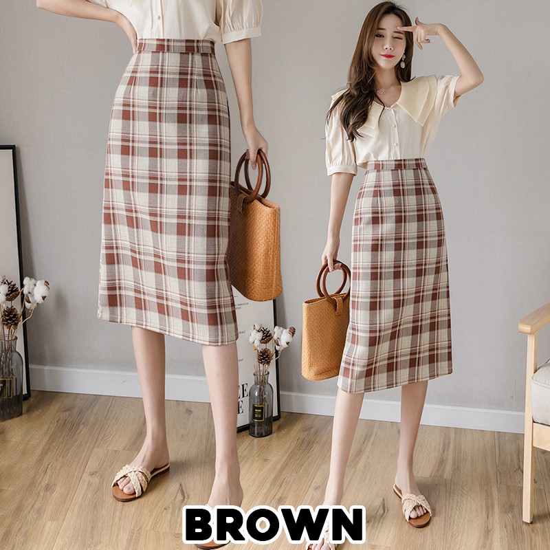 KARAKOREA 822 Flanel Skirt/Midi Skirt/Rok Motif Kotak/Rok Panjang/Square Skirt/Pencil Skirt/Rok Korea Skirt