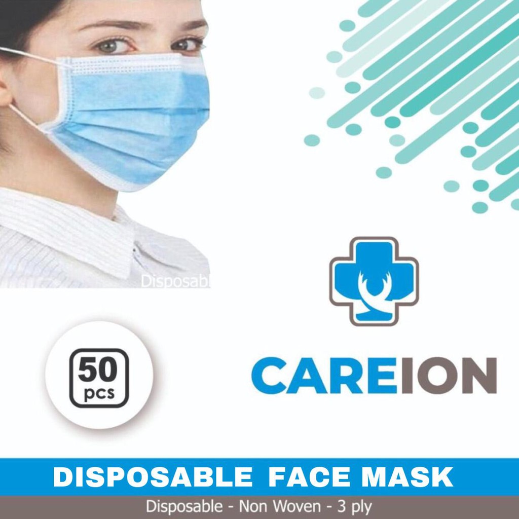 MASKER 3PLY CAREION DISPOSABLE FACE MASK / MASKER 3 PLY / MASKER  PUTIH / HIJAU / BIRU/HITAM - 50PC