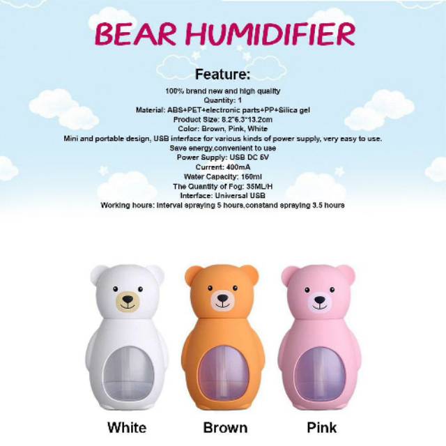 Bear Humidifier / Pelembab Udara / Diffuser Aroma Ultrasonic / Pengharum Ruangan