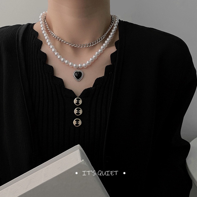 Black Love Necklace Accessories Personality Double-layer Pearl Clavicle Chain Temperament