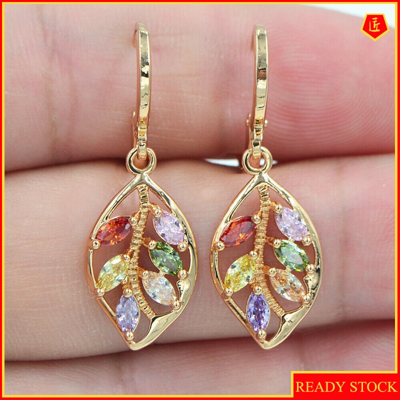[Ready Stock]New 18K Gold Leaf Inlaid Colored Gemstone Earrings
