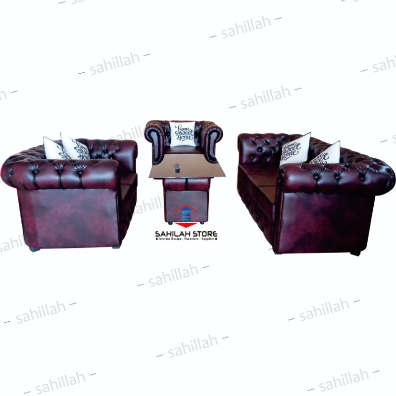 SOFA SERIBU KANCING MEWAH Merah Maroon + Meja/Sofa Murah/Sofa Ruang Tamu/Sofa Kekinian