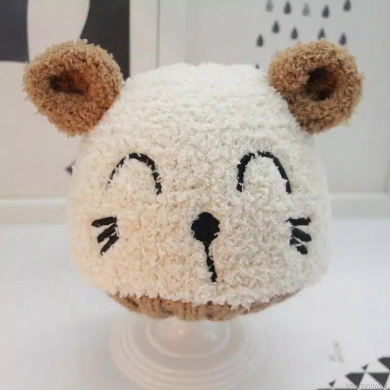 Topi Kupluk anak Bayi Rajut Fleece smiley cat hangat lembut fashion baby import-Beige