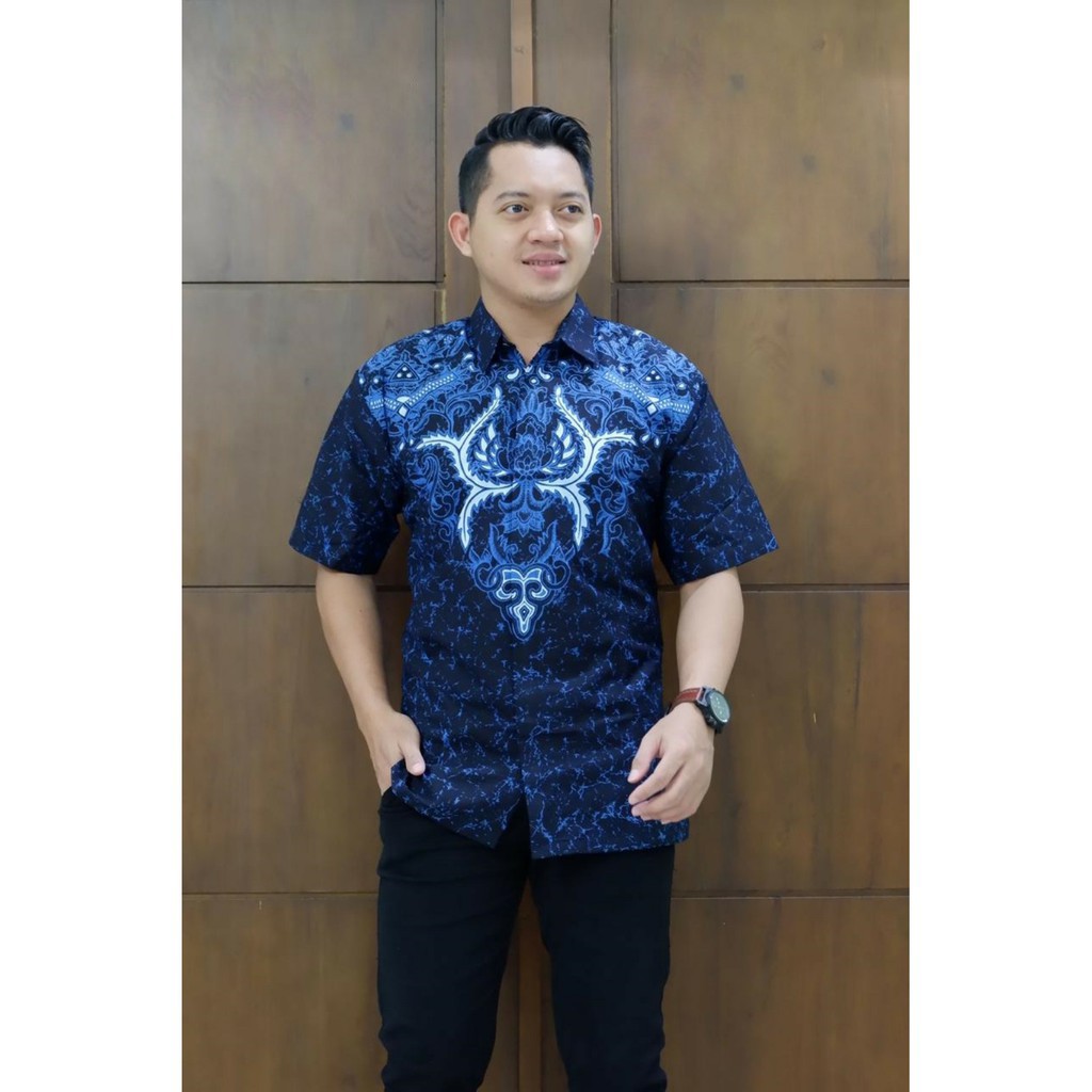 AJIBHANU BIRU Atasan Baju Kemeja Batik Pria Lengan Pendek PREMIUM Modern Harga Produsen