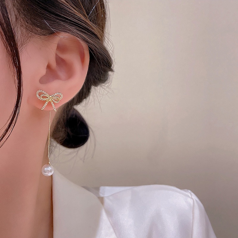 Anting Stud Panjang Desain Pita Bahan 925 silver needle Untuk Wanita