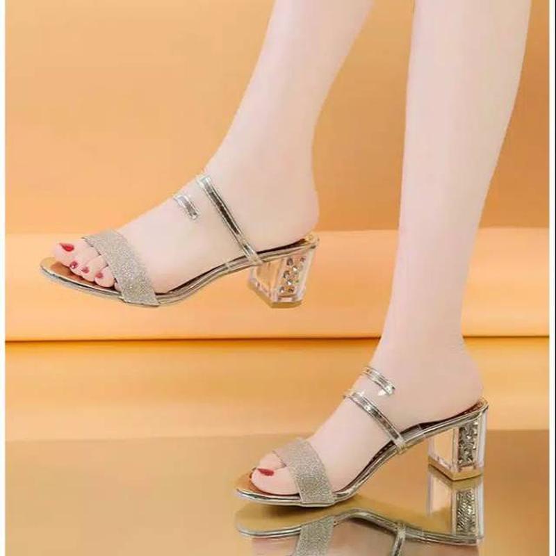 Sandal Sendal Fashion Pesta Selop Heels Hak Tahu Tinggi Kaca Jepit Wanita 3Cm Mewah Hak Tahu Terbaru