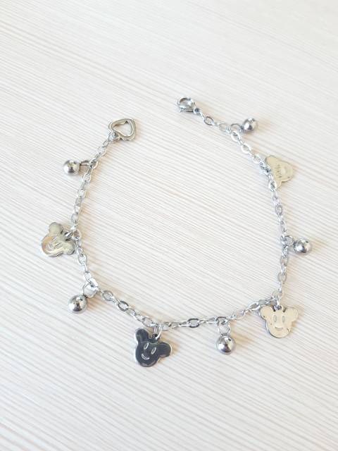 SET Gelang tangan &amp; Gelang kaki jurai Titanium Silver Motif Kitty &amp; Mickey Antikarat