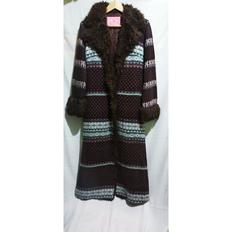 preloved long Coat woll Super Premium bulu-bulu motif Etnik