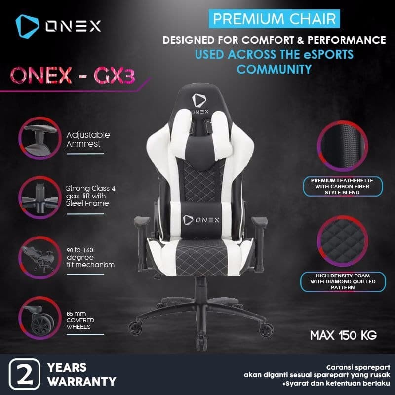 Kursi Gaming ONEX GX3 Premium Quality Gaming Chair Kursi - Putih