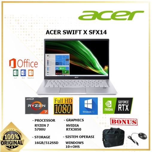 Acer Swift X SFX14 Ryzen 7 5700U 16GB 512SSD RTX3050TI 4GB W11+OHS 14.0FHD