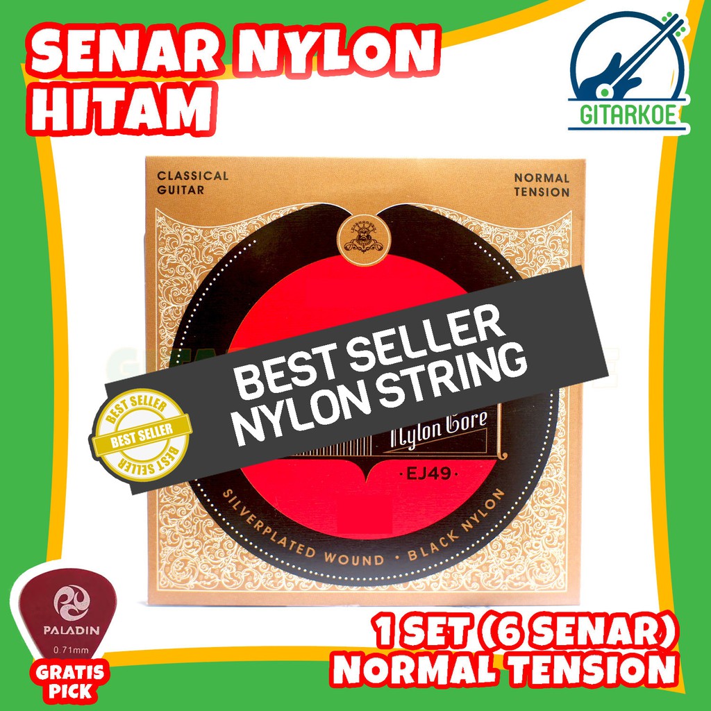 Senar Gitar Nylon Classic Nilon Hitam Klasik 1 Set EJ49 Normal Tension