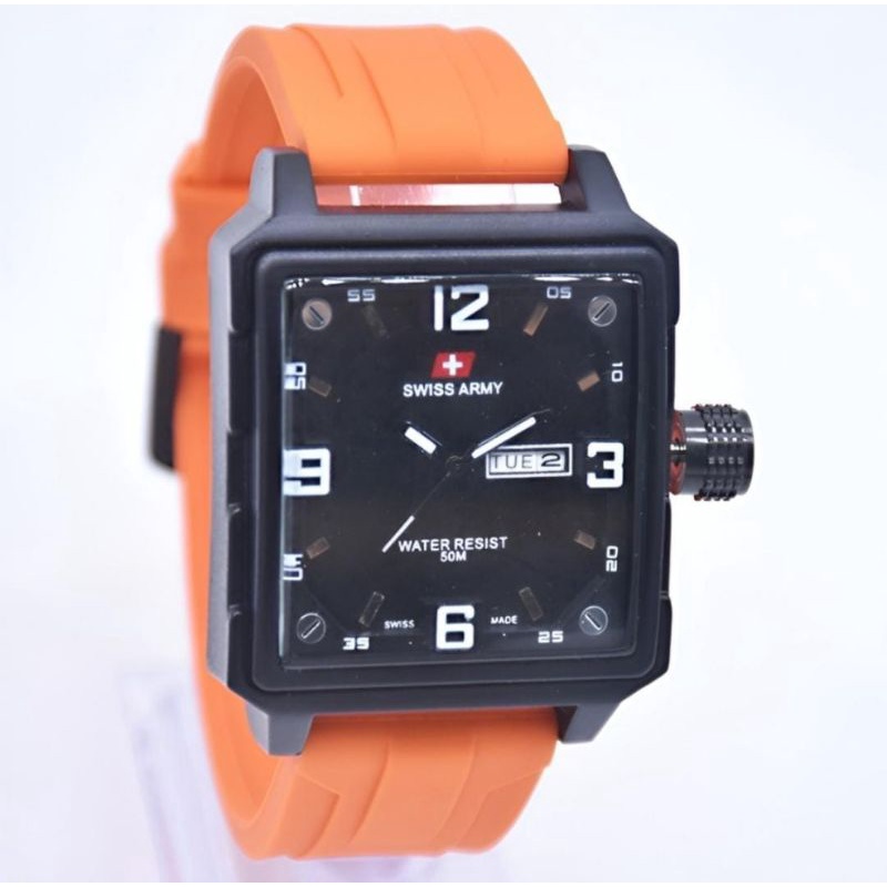 Jam Tangan Kotak Rubber Pria Tanggal Hari Strap Rubber