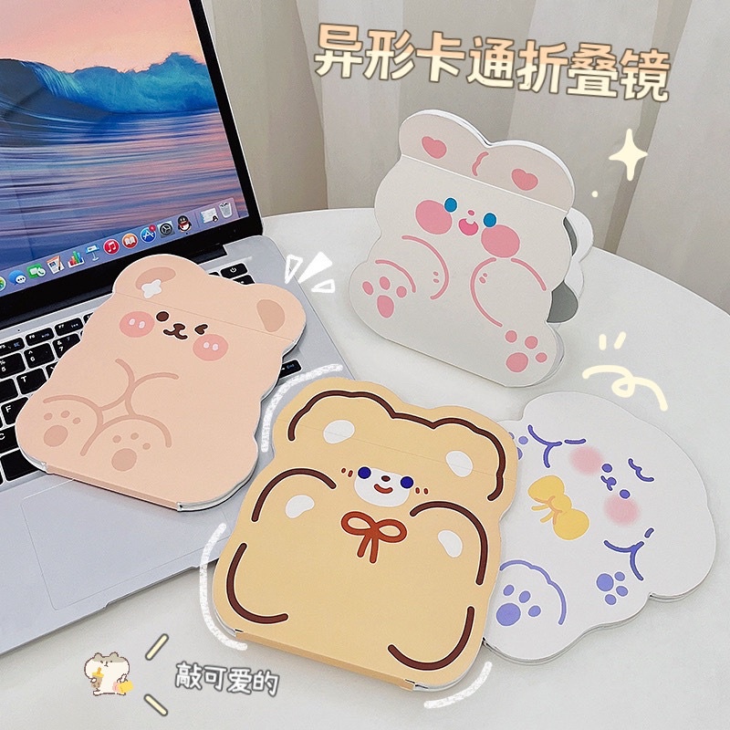 LIMITED EDITION - Cermin Kaca Rias Lipat Folding Mirror Portable Motif Bear