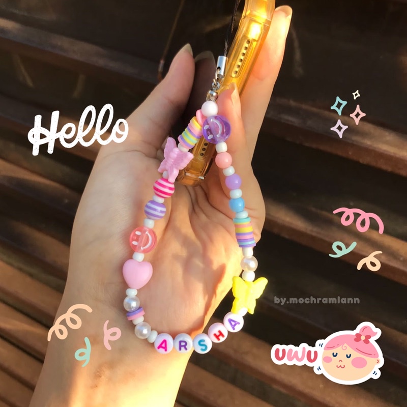 PHONE STRAP PASTEL GEMES PAKAI NAMA / GANTUNGAN HP CUTE / GANTUNGAN CASE HP LUCU