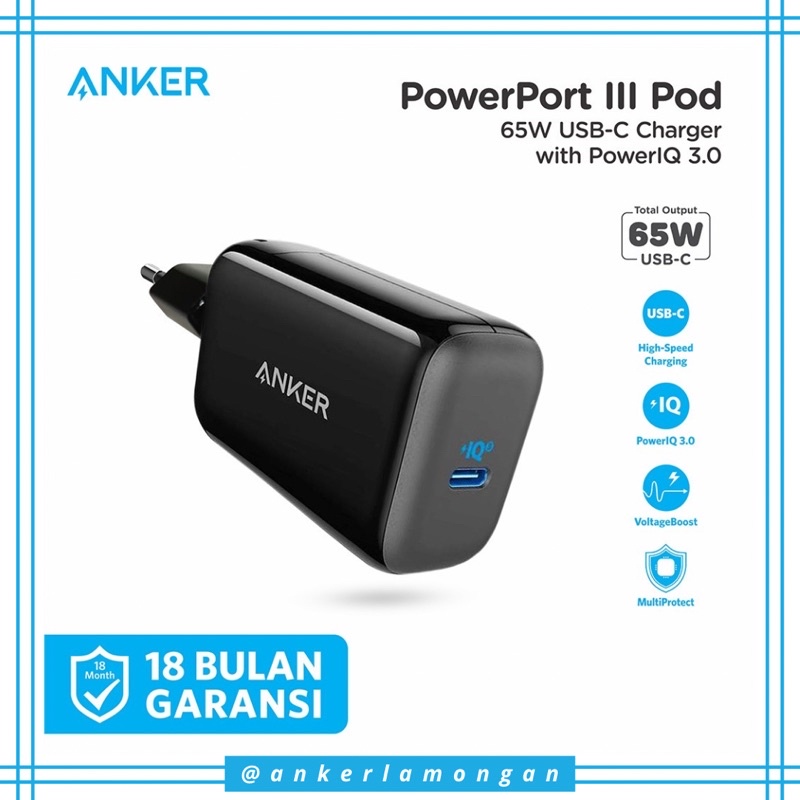 Jual Wall Charger Anker PowerPort III Pod 65W Usb Type C A2712 Travel