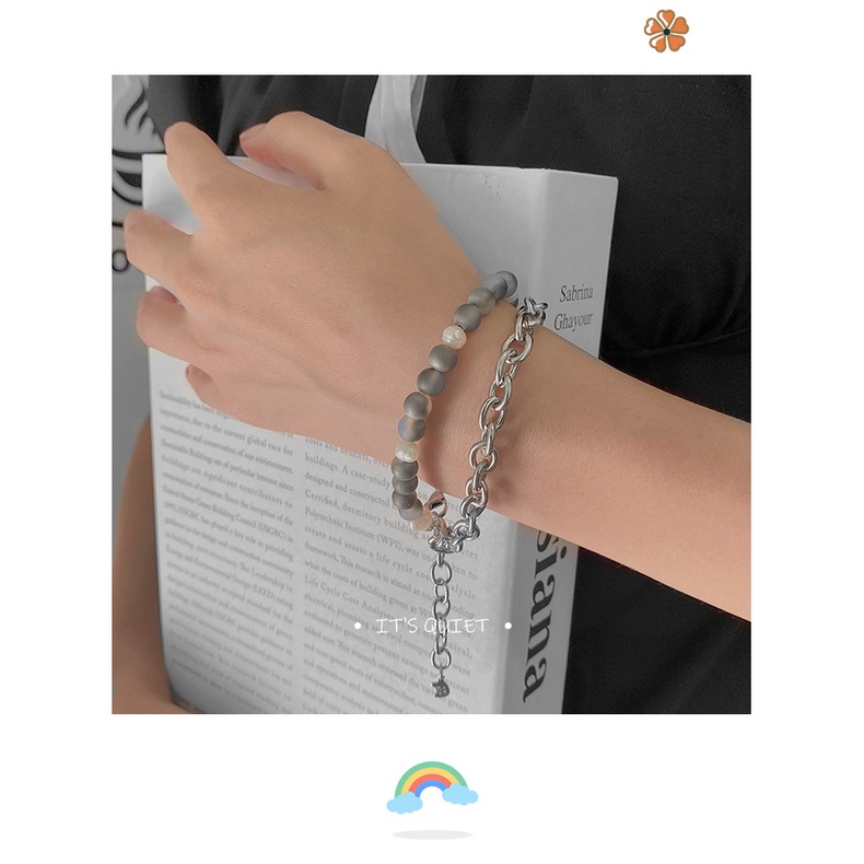 Niche double layer twin gelang mutiara wanita in gelap tekstur matte keren hip hop sweet cool gelang