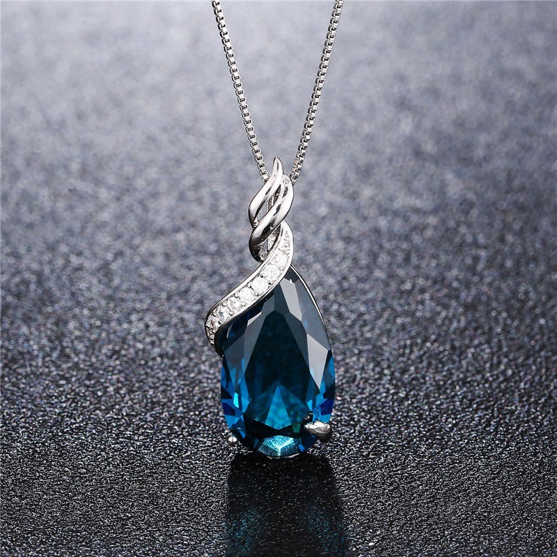 [Ready Stock]Fashion 925 Silver Drop-Shaped Sapphire Blue Crystal Pendant Necklace