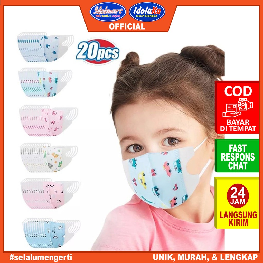 IDOLMART Masker Anak Karakter Duckbill isi 20 pcs / Masker Motif Anak 3ply Surabaya