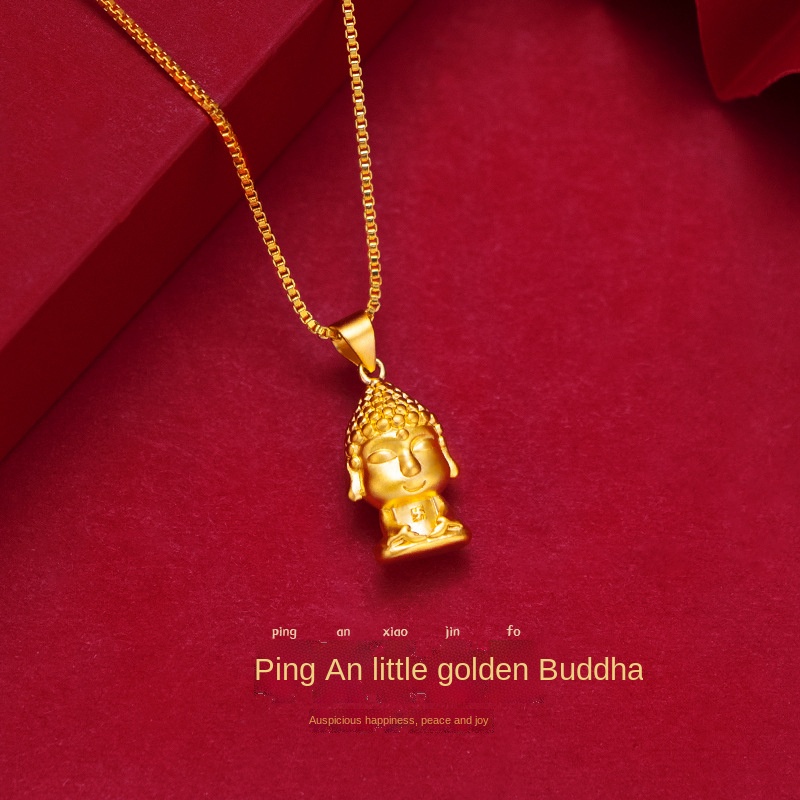 Kalung Emas Emas Asli Kadar 375Dengan Liontin Buddha Kecil Gaya Korea Untuk Wanita