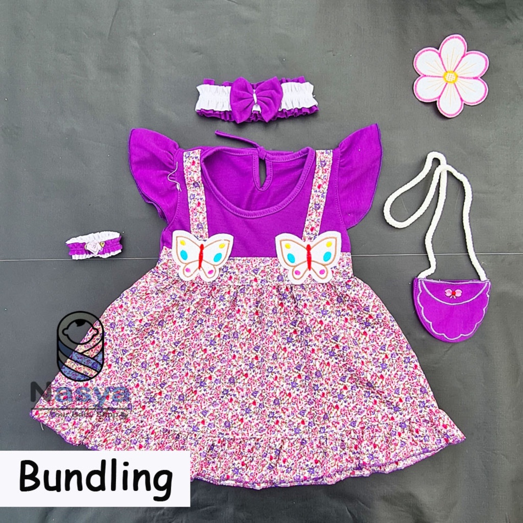 [P-030B] Dress Bayi Anak Usia 0-6 Bulan Full Set Bandana, Gelang dan Tas