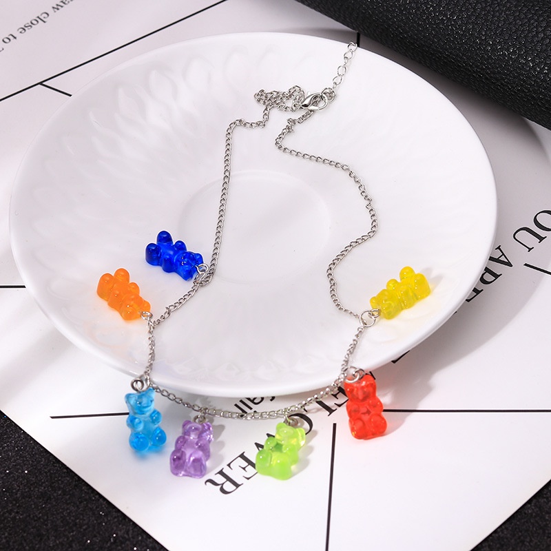 Kalung Rantai Choker Hias Liontin Beruang Gummy Warna Permen Gaya Korea Untuk Perempuan