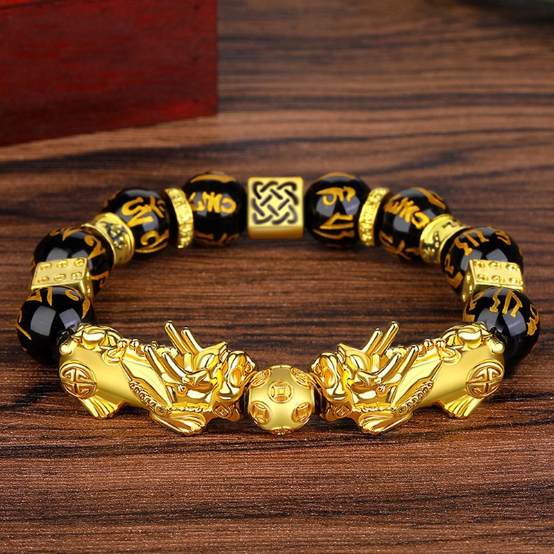 Gelang Manik-Manik Batu Obsidian Feng Shui Warna Hitam Emas Untuk Pria Dan Wanita