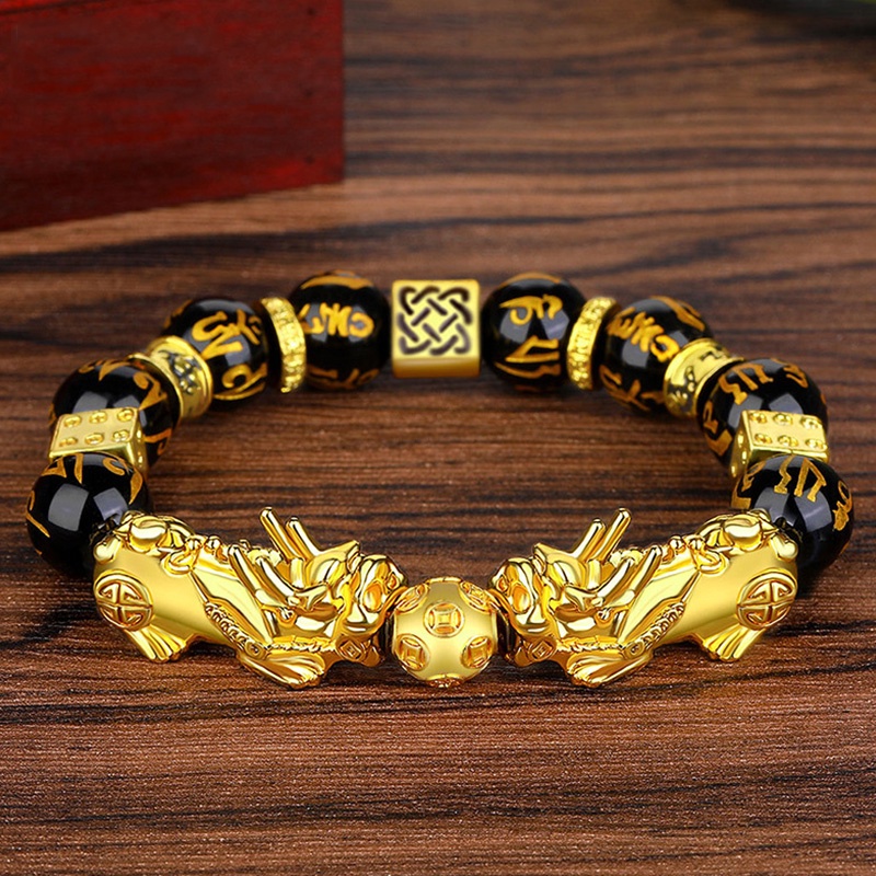 Gelang Manik-Manik Batu Obsidian Feng Shui Warna Hitam Emas Untuk Pria Dan Wanita