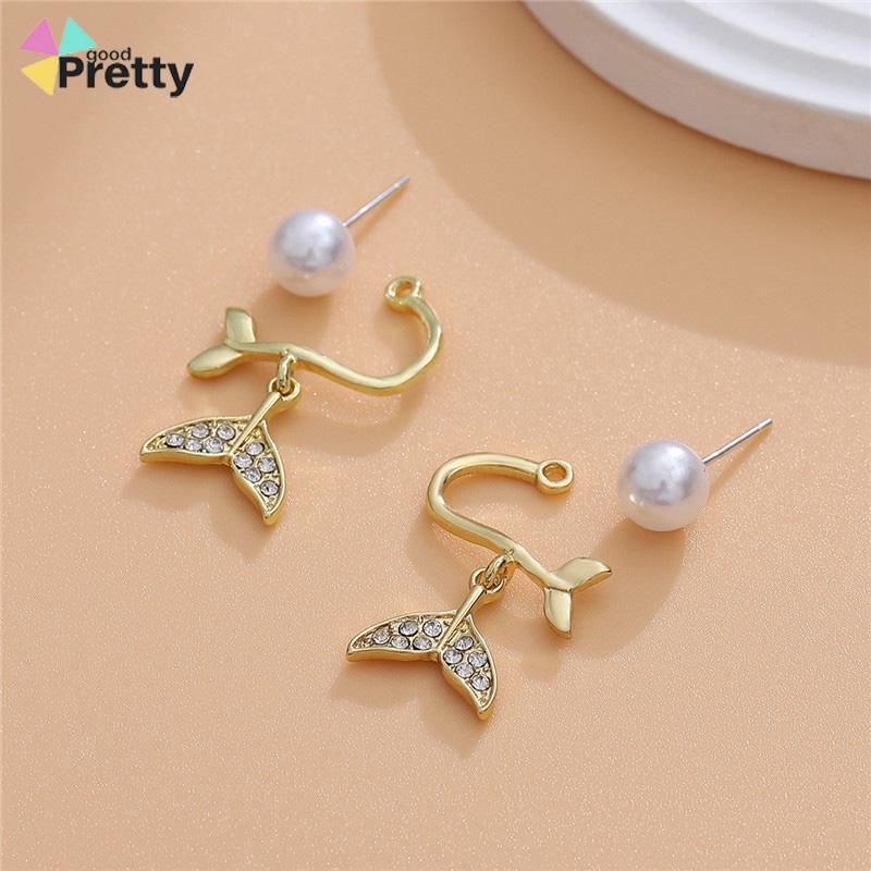 Pearl Fishtail Back Hanging Earrings Wanita High-end Cahaya Mewah Penuh Berlian Anting Geometris - PD