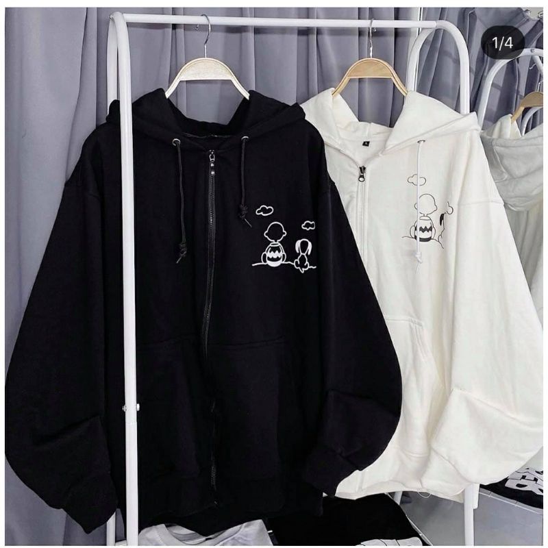 S - XXXXXL(6XL) Zip Hoodie SNOOPY Cute Dog Korean Fashion Pria Wanita BIG SIZE OVERSIZE Jumbo 6XL 5XL 4XL 3XL 2XL XL L M Jaket Resleting Kawaii Harajuku Jaketin aja Hitam Putih