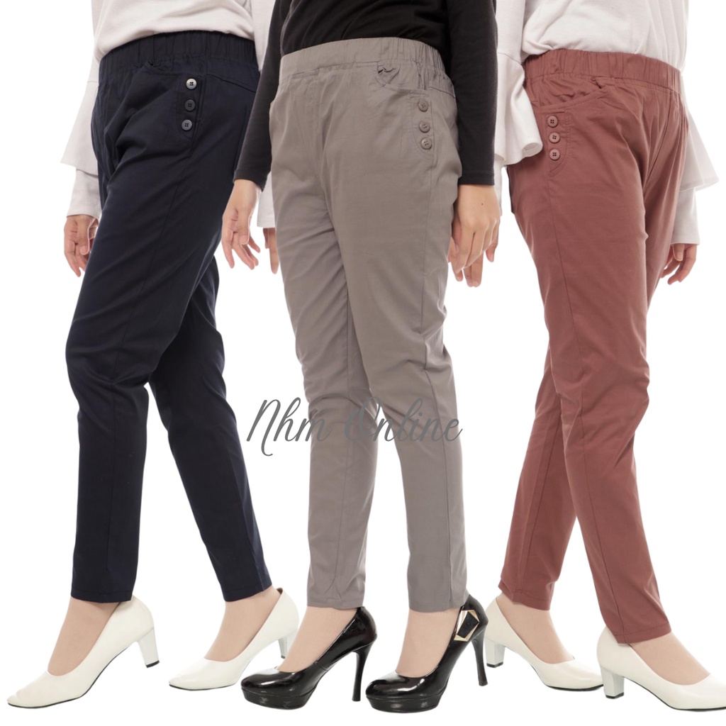 Celana Panjang Wanita Leging stretch Variasi Kancing, Plain Basic jumbo