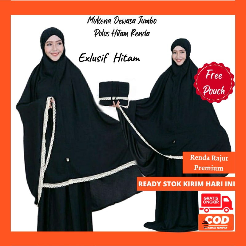 Mukena Dewasa Jumbo Polos Hitam Renda Rajut Exclusif Premium