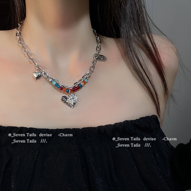 AY(CN) Y2k Kalung Choker Rantai Silver Dengan Liontin Hati Hias Manikmanik Warnawarni Untuk Wanita