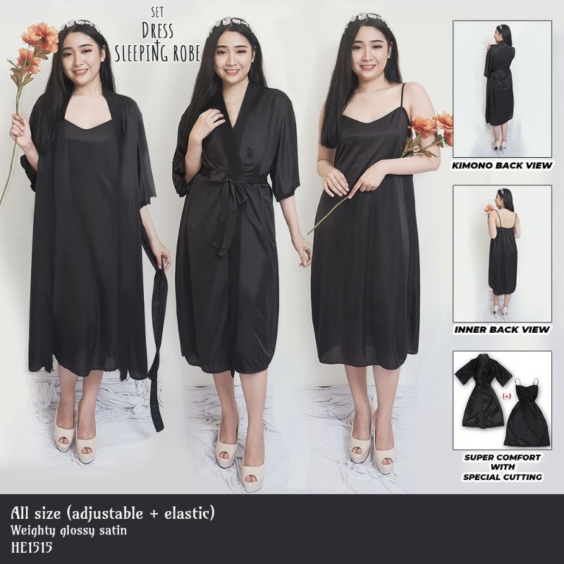 Kimono wanita sexy set inner dress outer satin baju tidur hitam 1515BSET