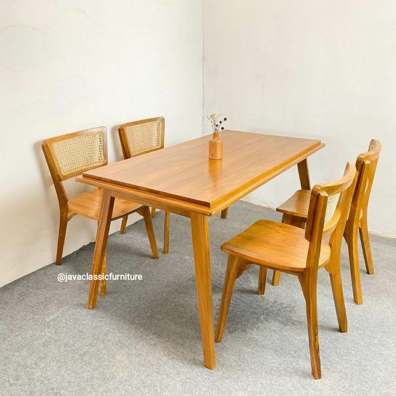 1 SET KURSI MAKAN CAFE ROTAN RETRO MINIMALIS MEJA KOTAK RESTO BAR DINNING CHAIR COFFE TABLE BAHAN KAYU JATI FINISHING NATURAL VINTAGE MEBEL FURNITURE JEPARA-1