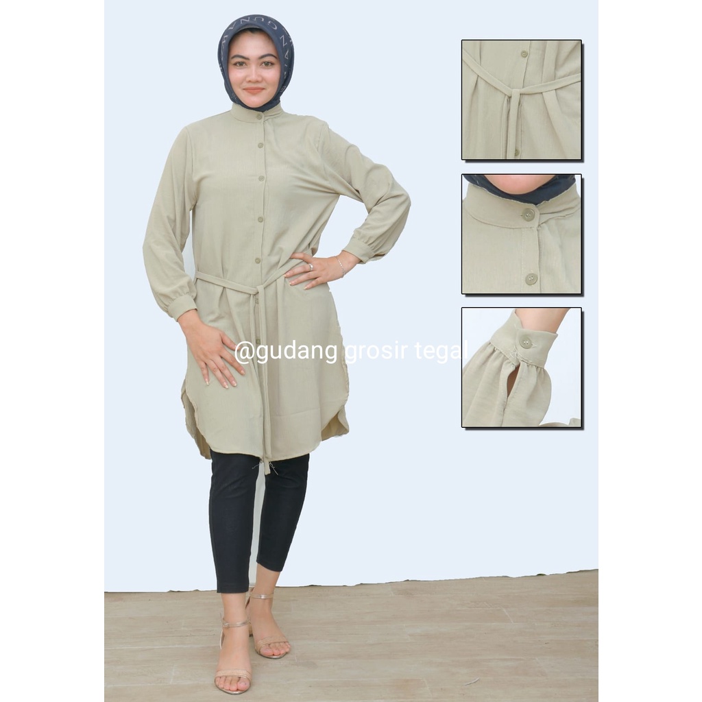 KEMEJA TUNIK POLOS JUMBO WANITA / KEMEJA TUNIK CRINGKLE AIRFLOW TALI PINGGANG L XL XXL