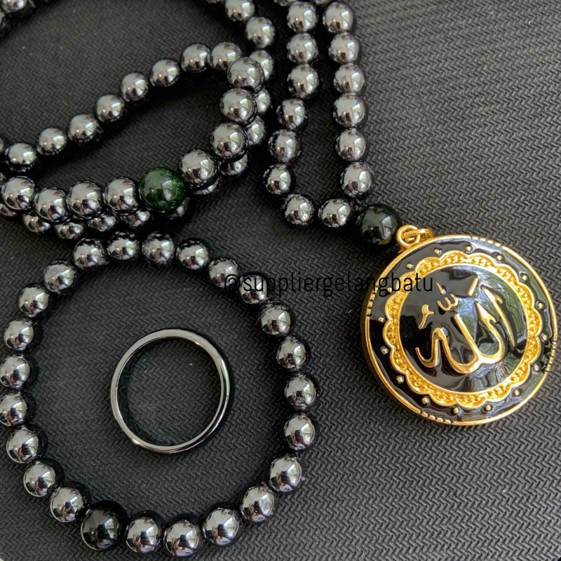 PAKET CINCIN KALUNG GELANG GANNAMYONG PREMIUM ALLAH Tasbih 99butir blustin black jade aceh hematite tormalin