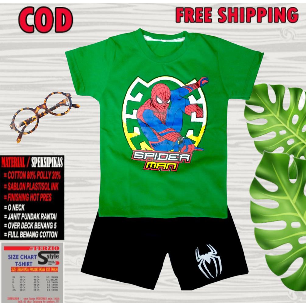 Baju Setelan kaos anak Gambar Spiderman-Hijau