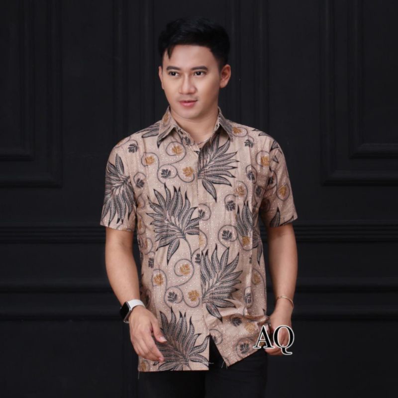 Batik Pria Lengan Pendek Premium BATIK BERKAH HRB026 motif KERATONAN Kode 002 size S M L XL XXL-Hem BUNGA MELATI