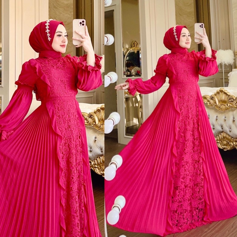 Dress Brokat Plisket Merah By Shellsaukia