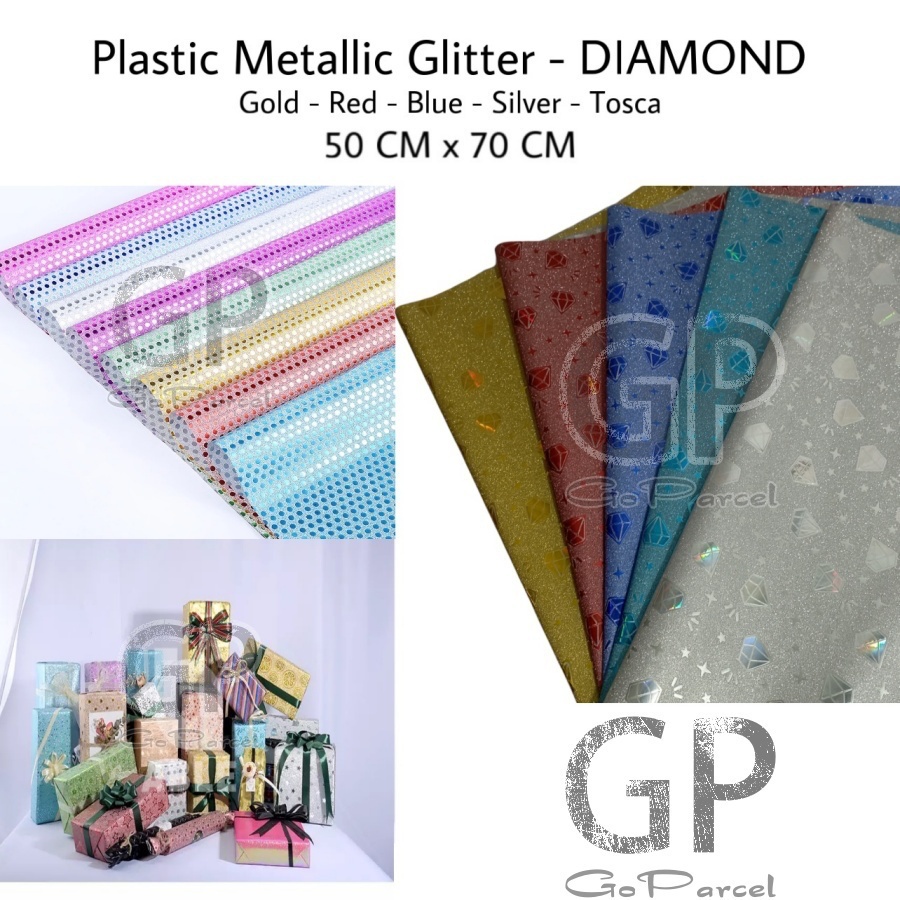 ( 3 Lembar ) PLASTIC METALLIC GLITTER DIAMOND - PLASTIK KADO METALIK GLITER PASIR SHINY MENGKILAP WAJIK PRISM SILVER GOLD