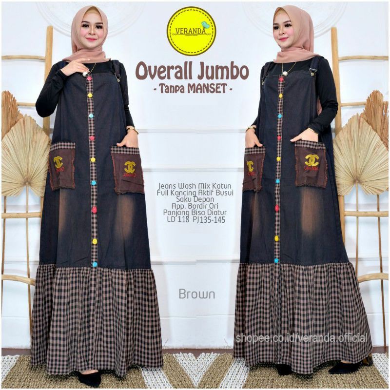 Celina Overall Jeans Wanita JUMBO XXL LD 118 Baju Kodok Rok Panjang Motif Kotak Kotak Overal Hamil J