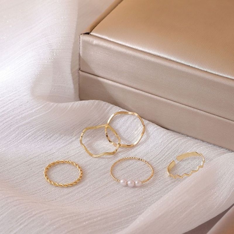 Set (isi 5 buah) Cincin Ring Mutiara Alloy Geometri Aneka Bentuk Korean Pearl Ring Korea