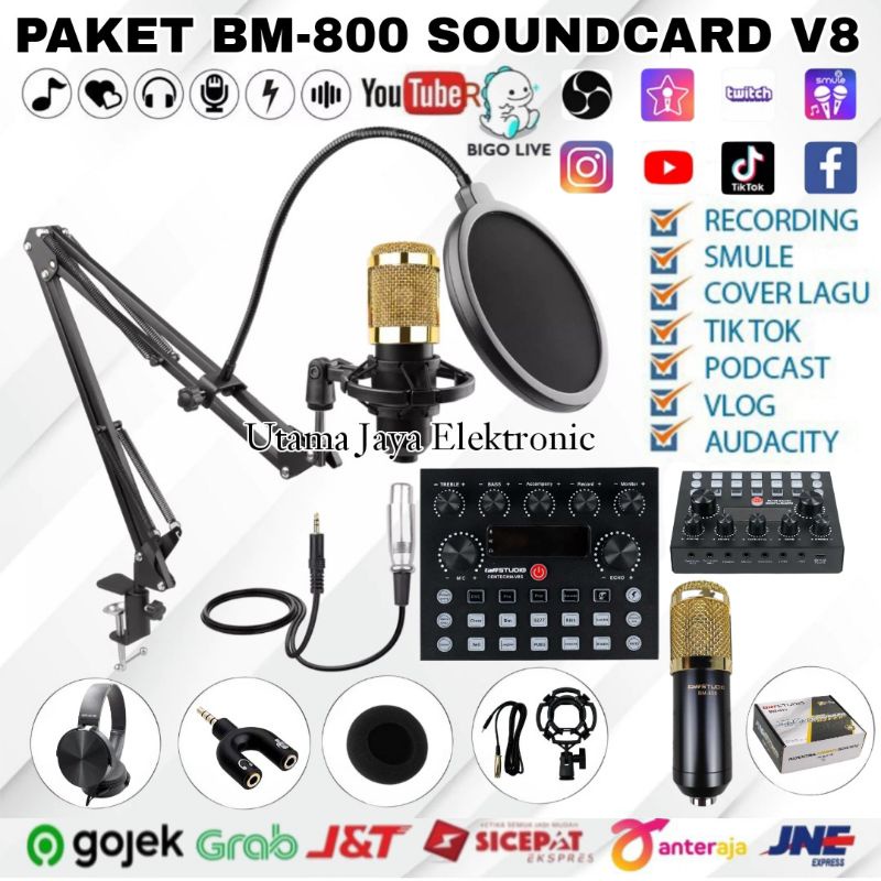 Paket Microphone BM800 Soundcard V8S Bluetooth Stand Arm Pop Filter Home Recording Terbaik