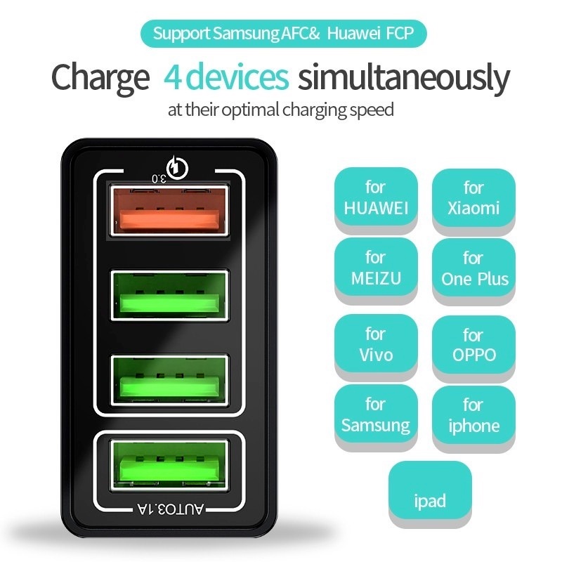 4 pengisi daya port usb 30W Pengisian Cepat Pengisi daya cepat 5V Adaptor daya ponsel Pengisi daya dinding QC 3.0 Adaptor daya 3.1A Pengisi daya perjalanan Pengisi daya standar Inggris Khusus untuk bepergian dan mudah dibawa