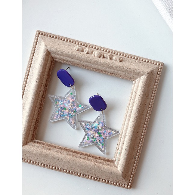 LRC Anting Tusuk Fashion Blue Light Color Five-pointed Star Love Earrings F60370